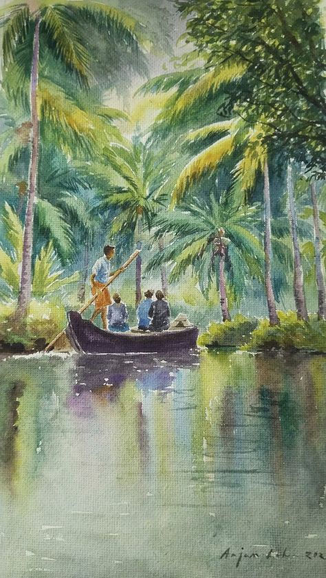 Kerala Drawing, Kerala Painting, Kerala Art, Scenery Tattoo, Human Painting, Watercolour Drawings, Kerala Backwaters, Watercolor Scenery, Kerala Mural Painting