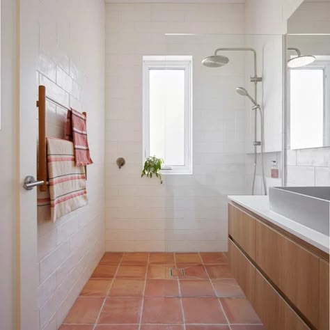 8x8 Tile Floor, Square Terracotta Tile Bathroom, Terra Cotta Tile Bathroom Floor, Terracotta Shower Floor, Terracotta And White Bathroom, Joshua Tree Bathroom, Bathrooms With Terracotta Floors, Terra Cotta Floor Living Room, Terracotta Floor Tiles Bathroom