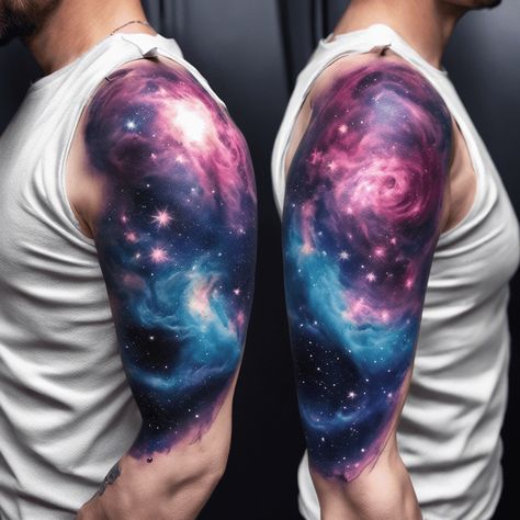 78 Space Tattoo Ideas Created with AI | artAIstry Tattoo Ideas Shoulder, Space Tattoo Ideas, Space Tattoo Sleeve, Nebula Tattoo, Space Tattoos, Upper Back Tattoos, Universe Tattoo, Tattoo Background, Galaxy Tattoo