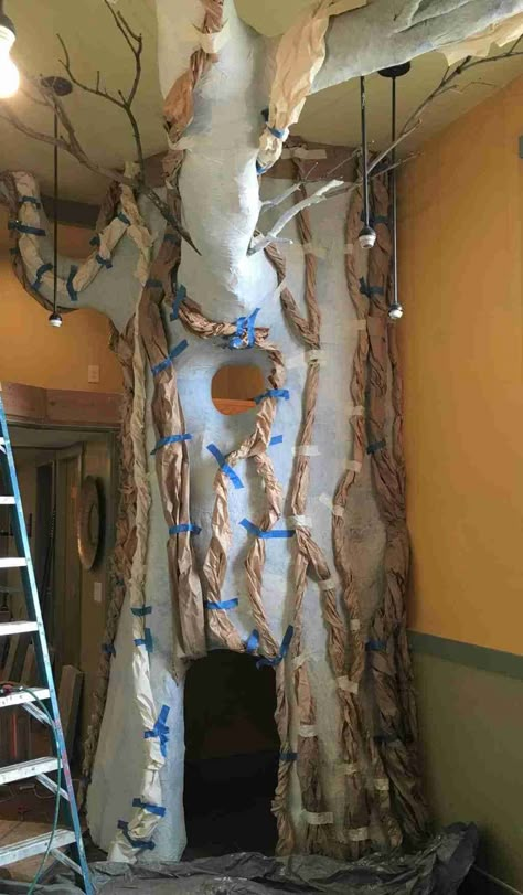 12' Paper Mache Jungle Tree 3 Tree Stump Wall Decor, How To Make A Paper Mache Tree, Paper Mache Christmas Tree Diy, Cardboard Trees Diy How To Make, Large Paper Mache Projects, Paper Mache Tree On Wall, Diy Tree Bookshelf, Diy Faux Tree, Swiftie Bedroom