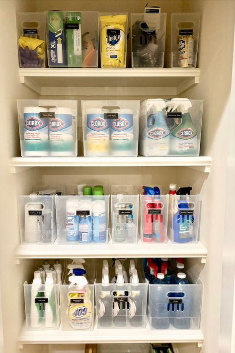 Get your cleaning closet organized with these affordable multipurpose bins. Cleaning Supply Storage Closet, Mudroom Cleaning Supply Storage, Multipurpose Closet Organization, Cleaning Supplies Closet Organization, Cleaning Supplies Organization Closet, Clear Storage Bins Organization, Cleaning Products Organization, Supply Closet Organization, Cleaning Product Storage