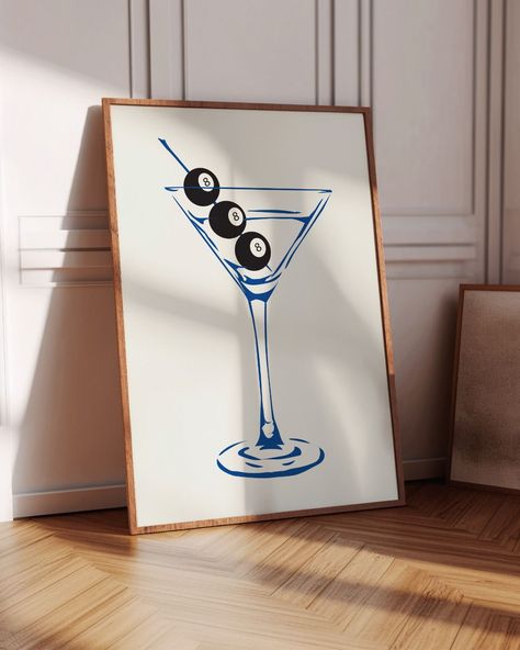 Martini Glass Poster Cocktail Room Decor, Paintings For Bathroom Canvas, Dirty Martini Painting, Pool Ball Painting, Pool Ball Art, Prints In Bedroom, Pool Ball Decor, 8 Ball Painting, I Love Poster