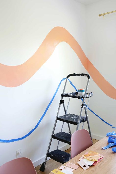 Striped Wave Wallpaper DIY! Swirl Wall Painting Ideas, Wavy Wall Design, Wavy Painted Wall, Wavy Wall Paint, Retro Stripe Wall, Wave Wall Mural, Baby Rooms Ideas, Wavy Wallpaper, Disco Jungle