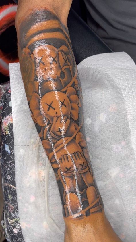 Hear No Evil See No Evil Tattoo Kaws, Kaws See No Evil Hear No Evil, Kaws Arm Tattoo, See Speak Hear No Evil Tattoo, Hardest Tattoos Men, Here No Evil Speak No Evil Tattoo, Arm Tats Men Sleeve, Kaws Sleeve Tattoo, Speak No Evil Hear No Evil See No Evil Tattoo