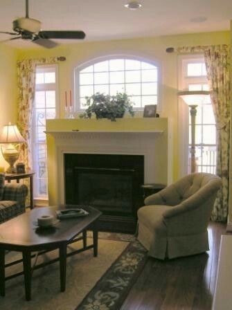 Window Over Fireplace, Window Above Fireplace, Cosy Family Room, Yellow Family Room, Tile Fireplaces, Faux Painting Walls, Yellow Family, Transitional Family Room, Fireplace Design Ideas