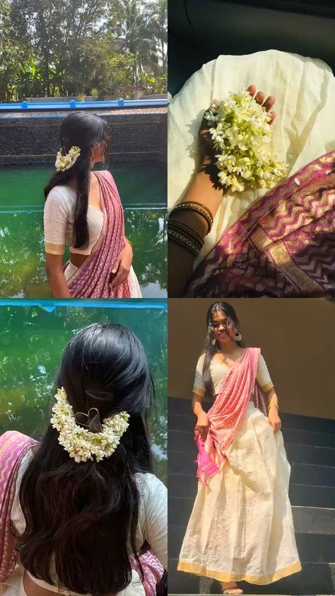 Onam Traditional Look, New Onam Outfits, Traditional Desi Outfits, Muslim Onam Outfits Ideas, Onam Saree Poses At Home, Onam Saree Pose Ideas, Onam Aesthetic Photos, Poses Traditional Wear, Vrindavan Saree Look