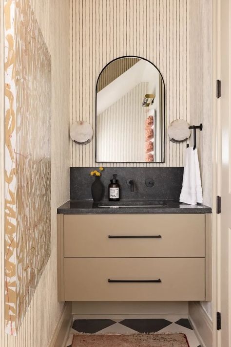 Top Powder Room Wallpaper Ideas | Kallista Powder Bathroom Interior Design, Small Bathroom Vanity Ideas, Powder Room Wallpaper Ideas, Small Bathroom Vanity, Room Wallpaper Ideas, Luxury Tub, Minimalist Vanity, Patterned Tile Backsplash, Rocky Mountain Hardware