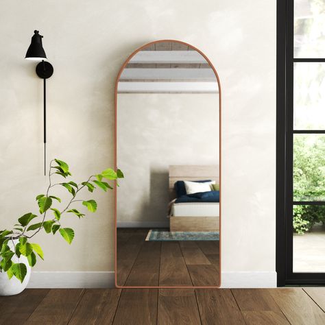 The holly floor mirror is the perfect accent mirror for your space. the smooth frame edges and arched top give a classic, timeless look. The wood frame is constructed of pine wood and MDF wood. Floor mirrors lean against the wall, no assembly required. Birch Lane™ Strophe Arch Wood Floor Mirror - Wall & Accent Mirrors in Brown | Size 70" H X 30" W X 1" D Wood Floor Mirror, Arch Floor Mirror, Wood Arch, Floor Mirrors, Wall Accent, Accent Mirror, Metal Mirror, Shelf Styling, Mirrors Wayfair