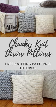 These super chunky throw pillows knit up in almost no time at all! Click for the free pattern and video tutorial from kniftyknittings.com! #knitting #knittingpatterns #knittingtutorials Chunky Pillow, Chunky Knit Pillow, Super Chunky Knit, Throw Pillow Set, Easy Knitting Projects, Pola Amigurumi, Knit Purl, Knit Pillow, Easy Knitting Patterns