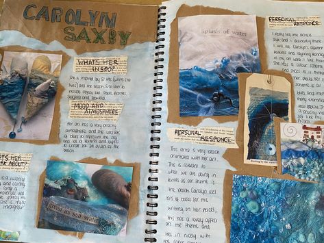 Textile Artists Inspired By Water, Carolyn Saxby Artist Research, Textiles Water Title Page, Gcse Textiles Sketchbook Water, Shells Gcse Art Sketchbook Pages, Ocean Gcse Art Page, Gcse Art Sketchbook Ocean, Textiles Page Layout, Gcse Art Sketchbook Sea Life