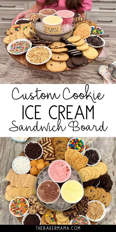 Ice Cream Sandwich Board, Pampered Chef Ice Cream Sandwich Maker, Ice Cream Sandwich Bar Ideas, Ice Cream Graduation Party Ideas, Ice Cream Bar Party Ideas For Kids, Ice Cream Sandwich Party, Ice Cream Charcuterie Board Ideas, Ice Cream Picnic, How To Keep Ice Cream Cold At A Party