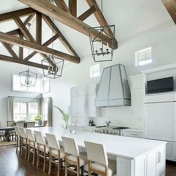 Vaulted Ceiling Ideas, Kitchen With Long Island, Clean Interior Design, Unique Kitchen Design, Long Kitchen, White Kitchen Island, Large Kitchen Island, Wood Beam Ceiling, Kitchen Island With Seating