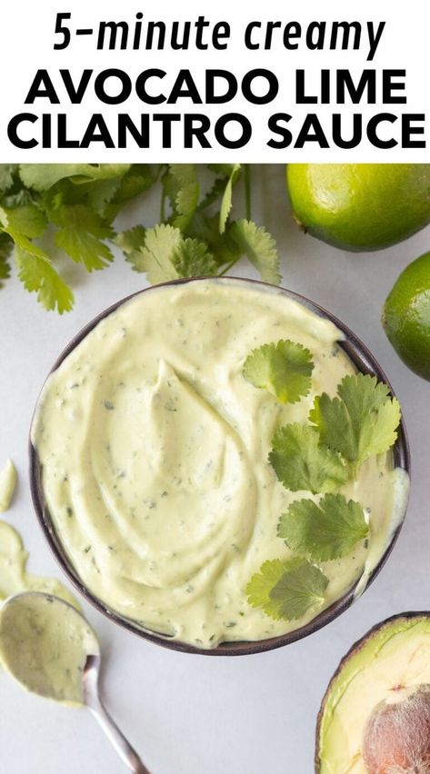 This creamy avocado cilantro lime sauce is easy to make, taking just 5 minutes from start to finish. With only 6 ingredients, it's simple to prepare in a blender or food processor. This versatile sauce doubles as a dipping sauce for chips and veggies or as a topping for fish tacos. Featuring a tangy lime flavor and a hint of cilantro, it adds freshness to any dish. Avocado Dill Sauce, Cilantro Lime Dipping Sauce, Cilantro Lime Taco Sauce, Avocado Fish Taco Sauce, Avocado Sauce For Steak, Cilantro Lime Avocado Sauce, Avocado Sauce For Burgers, Avocado Recipes Sauce, Cilantro Avocado Sauce For Tacos