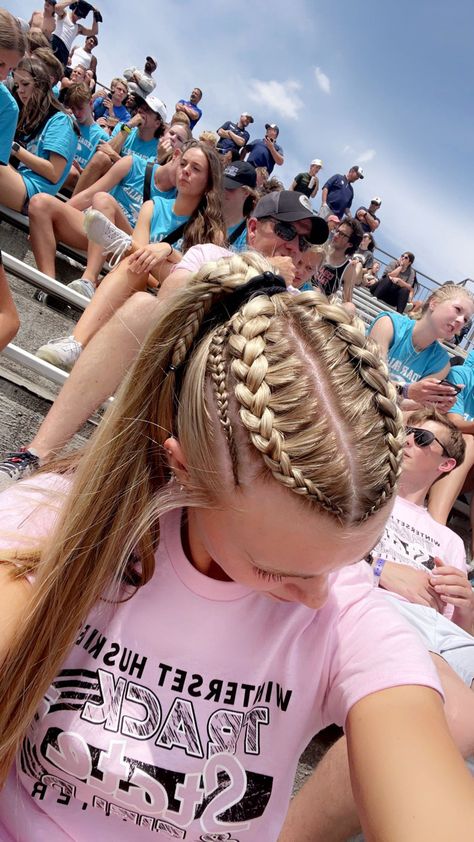 Hairstyles, braids, ponytails Fun Braiding Hairstyles, Braided Top Ponytail, Tight Braided Hairstyles, Lax Hair, Race Day Hair, Football Hairstyles, Hockey Hair, Cute Volleyball Hairstyles, Cute Sporty Hairstyles