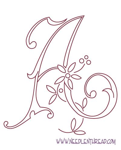 Free Hand Embroidery Pattern: Monogram, Letter A - may paint this in Alana's room instead of doing wooden letters or something... Hand Embroidered Letters Alphabet, Embroidered Letters Alphabet, Embroidery Alphabet Letters Design, Monogram Embroidery Letters, Free Printable Monogram, Redwork Embroidery Designs, Monogramm Alphabet, Parchment Design, Monogram Printable