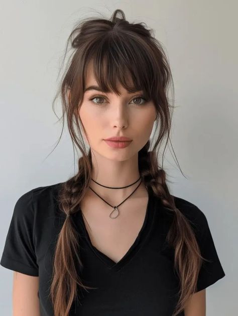 Bangstyle Hair Long Ponytail, Fringe Styles For Long Hair, Bangstyle Hair Long Wavy, Bangs With Long Sides, Haircuts Round Face Long, Long Rocker Hair Cuts For Women, Bangs Hairstyles Ponytail, Bangs Heart Shaped Face, Ponytail With Fringe