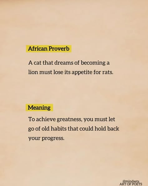 🪐🪧💡 African Proverb A cat that dreams of becoming a lion must lose its appetite for rats. Meaning To achieve greatness, you must let go of old habits that could hold back your progress. #africanart #proverbs #proverbs31woman #letgo #proverbs31 #greatness #achieve #progress #habits #inspire #motivation #inspiration #motivational #motivationalquotes African Quotes Proverbs Wisdom, English Proverbs With Meanings, Proverb With Meaning, Proverb Meaning, November Mood Board, Wise Proverbs, English Proverbs, My Ideal Self, November Mood