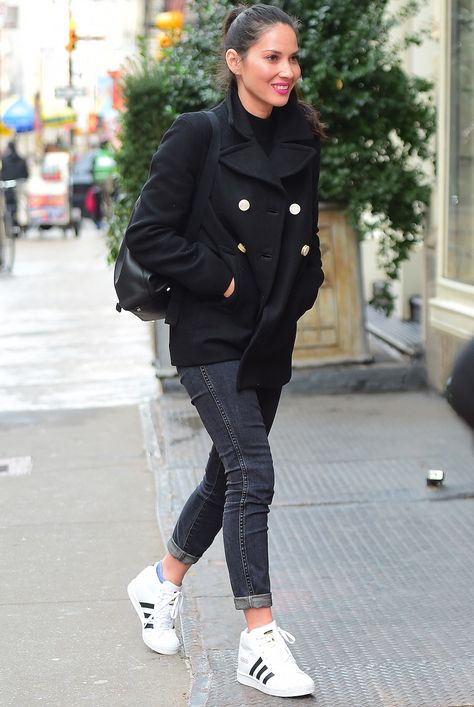 High Top Sneakers Outfit, Olivia Munn Style, Nike Sneakers Outfit, Adidas High Tops, Stylish Celebrities, Dramatic Classic, Beige Coat, Olivia Munn, Sneaker Style