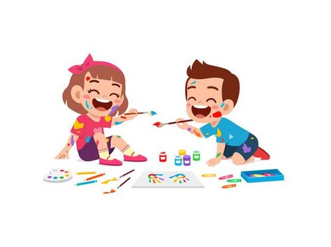 Cute little boy and girl using paint to ... | Premium Vector #Freepik #vector #watercolor #school #hand #education Drawing At School, Cool Easy Drawings, Kids Cartoon Characters, Children Painting, School Illustration, Doodle Art Drawing, Cute Sketches, Doodle Coloring