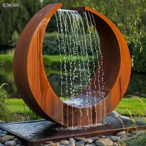 Corten Steel Circular Ring Fountain for Courtyard - Abstract Water Sculpture - 2 Minimalist Water Feature, Outdoor Metal Sculpture, Metal Water Feature, Outside Fountain Ideas, Garden Features Ideas, Modern Garden Sculpture, Outside Fountains, Courtyard Fountain, Contemporary Water Feature