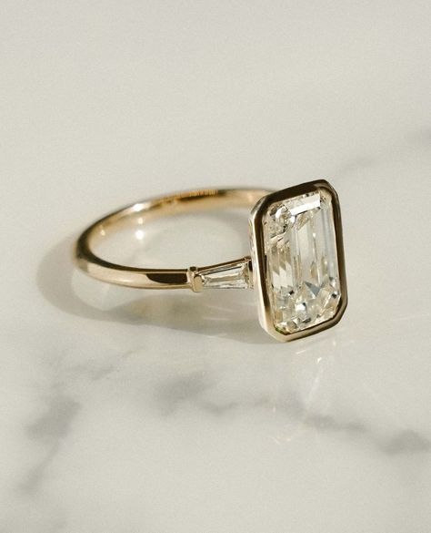 Three Stone Emerald Cut Ring, Moissanite Engagement Ring Emerald Cut, Emerald Cut Moissanite Engagement Ring, Promise Rings Vintage, Emerald Cut Ring, Engagement Ring Emerald, Ring Inspo, Ring Emerald Cut, Bezel Set Ring