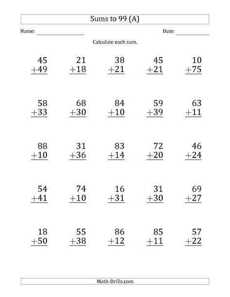 The Large Print - Adding 2-Digit Numbers with Sums up to 99 (25 Questions) (A) math worksheet from the Addition Worksheet page at Math-Drills.com. Adding Worksheets, Easy Math Worksheets, Kindergarten Math Worksheets Addition, 2 Digit Addition, Math Fact Worksheets, Touch Math, Addition Worksheet, Kindergarten Addition Worksheets, Math Practice Worksheets