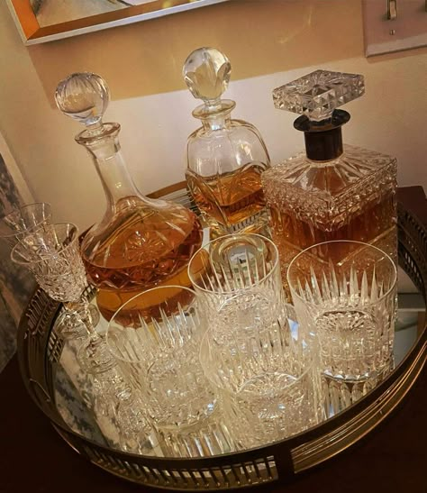 Decanter Display Bar, Bar Tray Styling, Staging Shelves, The House Across The Lake, Elegant Bar Cart, Speakeasy Aesthetic, Liquor Table, Whiskey Table, Bar Cabinet Ideas