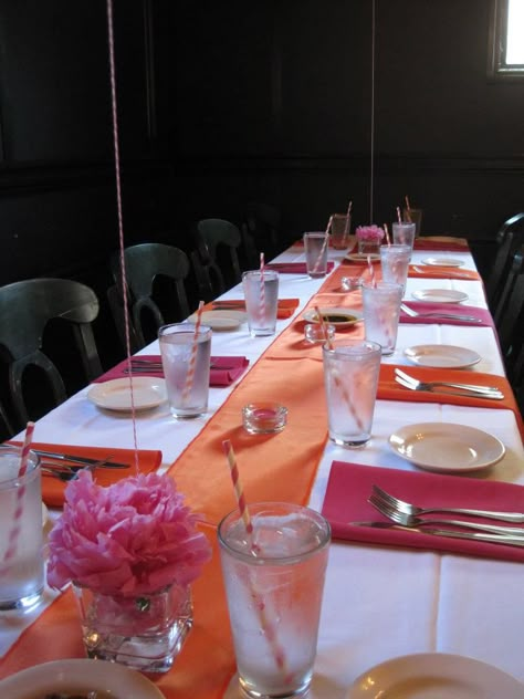 Pink Orange Table Setting, Pink And Orange Table Setting, Orange Grad Party, Orange Table Setting, Pink Orange Decor, Pink Orange Party, Pretty In Pink Bridal Shower, 21st Party Ideas, 22th Birthday