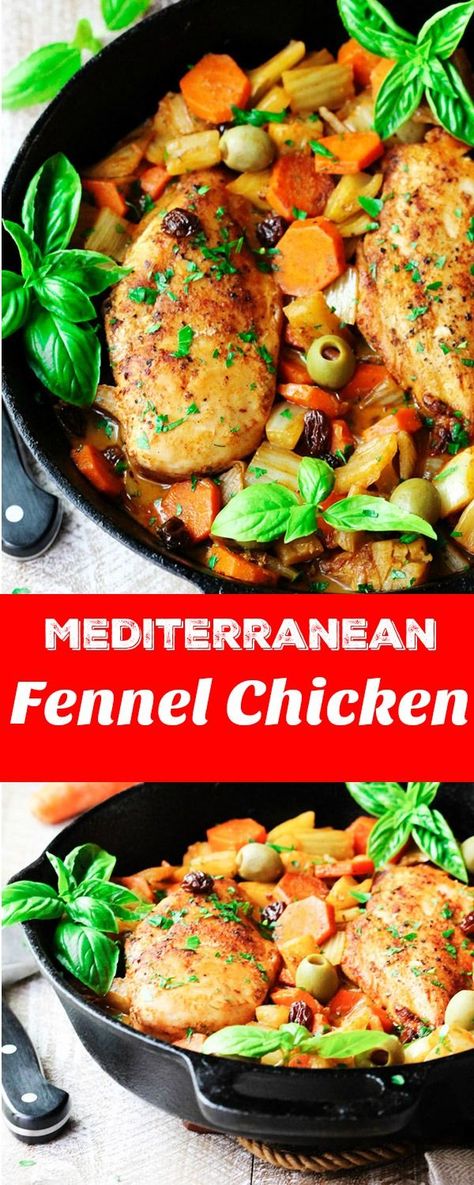 Fennel Chicken Mediterranean Style with carrots, raisins, and olives is a very easy, one-pot meal for any day of the week. It is seasoned with cinnamon, cumin and smoked paprika for an irresistible and flavorful chicken dish. #chicken #mediterranean Fennel Chicken, Chicken Mediterranean, Chicken Fennel, The Best Chicken Recipes, Fennel Recipes, Amazing Chicken, Recipe List, Mediterranean Chicken, Easy One Pot Meals