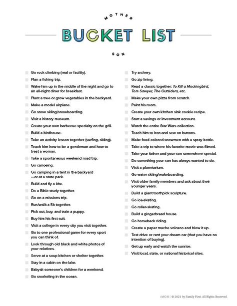 Mother Son Bucket List - iMOM Mother Daughter Bucket List, Teenage Bucket Lists, Kid Dates, Spring Bucket List, My Relationship With God, Teenage Bucket List, Boredom Busters For Kids, Box Recipes, Bucket List Life