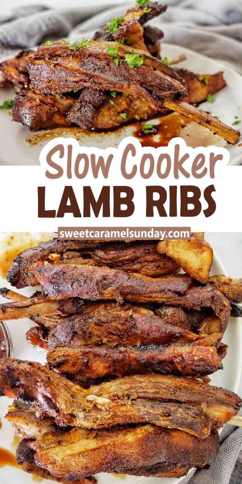 Slow Cooker Lamb Ribs on white plate with chopped parsley and a drizzle of sauce. Slow Cooked Lamb Ribs, Lamb Rib Recipes, Lamb Ribs Recipe Slow Cooker, Rib Steak Recipe Crockpot, Lamb Ribs Recipe Ovens, Lamb Crockpot Recipes, Lamb Spare Ribs Recipe, Lamb Riblets Recipe, Lamb Ribs Recipe