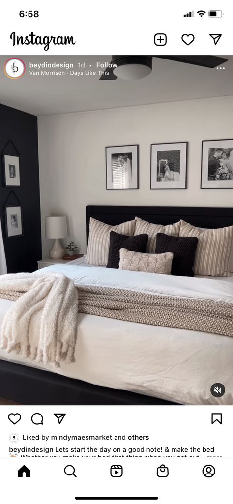 Neutral Room With Black Bed, Neutral Bedding Black Headboard, Black And Oatmeal Bedroom, Black White And Taupe Bedroom, Master Bedrooms Decor With Black Furniture, Black And Cream Master Bed, Black White Beige Aesthetic Home, How To Style A Black Bed, Black Bed Frame Bedroom Ideas Aesthetic