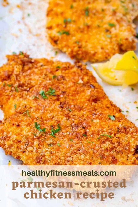 This tender and crispy baked chicken recipe are the best! Parmesan-crusted chicken is easy to make in less than 30 minutes and tastes delicious with marinara sauce, noodles and pasta, salad, veggies, and more! #parmesanchicken #chickencutlets #crispychicken #bakedcrustedchicken Noodles Parmesan Crusted Chicken, Low Calorie Parmesan Crusted Chicken, Weight Watchers Parmesan Crusted Chicken, Copycat Noodles And Company Parmesan Crusted Chicken, Parmesan Crusted Chicken Noodles And Co, Light Chicken Dinner, Healthy Breaded Chicken, Parm Crusted Chicken, Lemon Garlic Chicken Breast