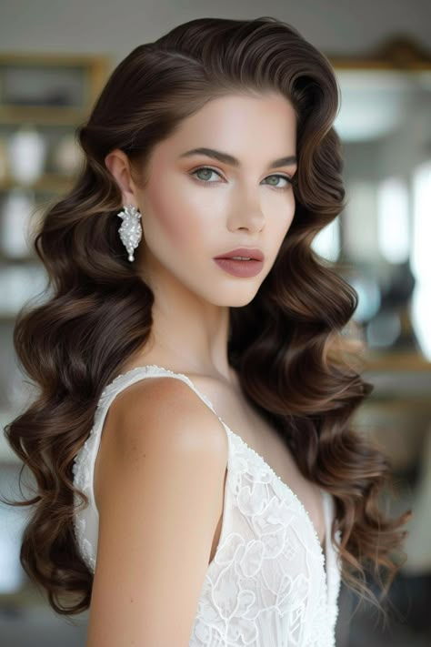 52+ Long Hair Wedding Styles That Radiate Romance Wedding Hair 50s Style, Old Hollywood Glam Curls, Wedding Hair Long Waves, 1920 Long Hair, Vintage Wedding Hairstyles For Long Hair, Bridal Hair Ideas Long Hairstyles, Gala Hair Down, Wedding Hairstyles Volume, Wedding Hairstyles For Long Face