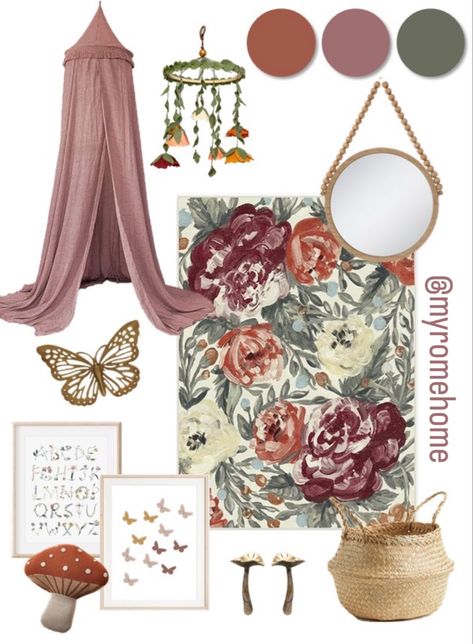 Nursery Ideas Nature, Nature Nursery Ideas, Natural Nursery Ideas, Burnt Orange Nursery, Garden Nursery Theme, Pink And Burnt Orange, Mushrooms And Butterflies, Nursery Green, Nursery Ideas Neutral