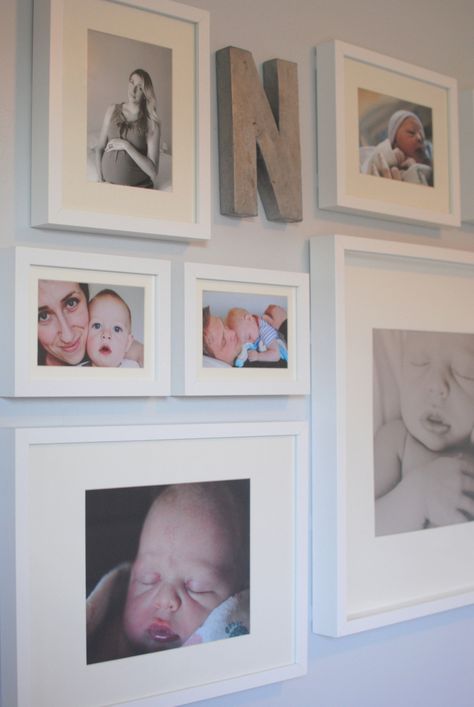 I like the idea of a gallery wall with the last initial. would put our wedding photos in Gallery Wall Nursery, Diy Bebe, Foto Baby, Baby Diy, Baby Bedroom, Baby Boy Rooms, Wall Gallery, Baby Boy Nurseries