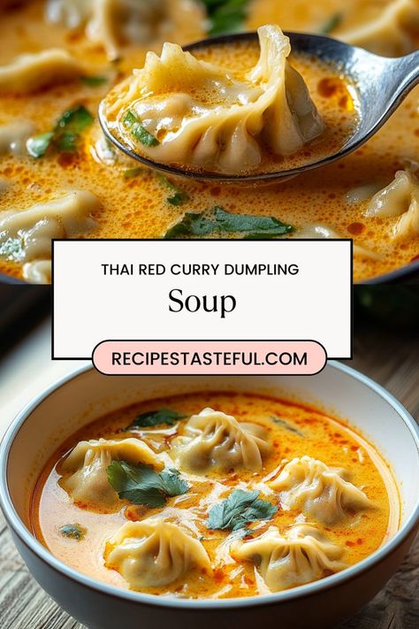 A vibrant and comforting soup featuring a rich blend of red curry flavors, creamy coconut milk, and colorful vegetables, all topped with delicious dumplings. Perfect for a cozy meal any night of the week! Vegetarian Sick Meals, Healthy Flavorful Soups, Dumpling Soup With Frozen Dumplings, Comfort Asian Food, Coconut Curry Wonton Soup, Thai Curry Dumpling Soup, Dumpling Curry Soup, Soup With Dumplings Recipes, Red Curry Coconut Soup