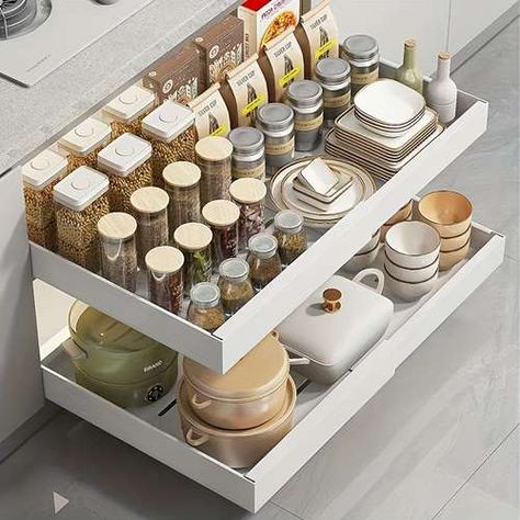 Pantry Nook, Porcelain Tile Floor Kitchen, Kitchen Organizer Ideas, Neutral Home Aesthetic, Pull Out Kitchen Storage, Tile Floor Kitchen, Container Furniture, Organiser Cucina, Kitchen Big