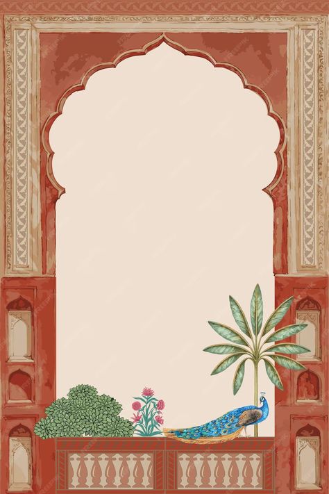 Premium Vector | Traditional Mughal decorative arch gate mat red color peacock flower garden illustration Mughal Garden Illustration, Mughal Art Paintings Illustrations, Mughal Border Design, Pichwai Elements, Arches Illustration, Mughal Illustration, Indian Arches, Flower Garden Illustration, Nikkah Card