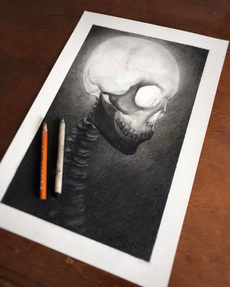 Pencil Skull Drawing, Skull Charcoal Drawing, Dark Charcoal Art, Skull Study, Charcoal Art, Dark Art Drawings, Skull Drawing, Pencil On Paper, Arte Sketchbook