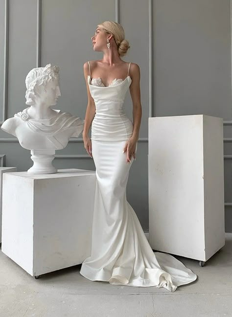 Satin Dress Mermaid, Satin Slim Wedding Dress, Plain Satin Fishtail Wedding Dress, Wedding Gown Bodycon, Satin Wedding Dress Button Back, Bodycon Mermaid Wedding Dress, Sheath Satin Wedding Dress, White Satin Mermaid Wedding Dress, Backless Reception Dress