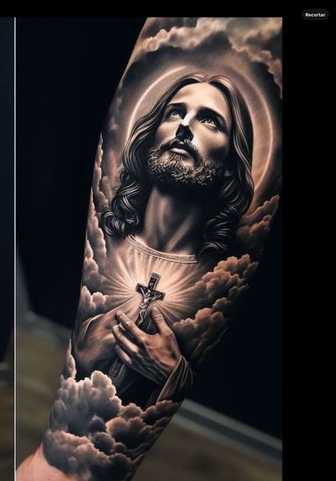 Religious Arm Sleeve Tattoos, Memorial Back Tattoos, Jesus Tatoos Ideas, God Tattoos Men, Jesus Tattoo Men, Jesus Piece Tattoo, Jesus Sleeve Tattoo, Jesus Christ Tattoo Designs, Jesus Face Tattoo