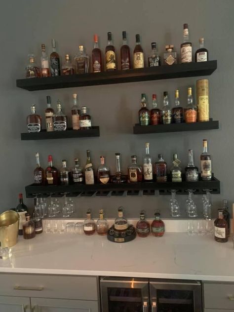 Liquor Display Shelves, Diy Bar Bookshelf, Liquor Bottle Display, Alcohol Shelf Ideas, Tequila Display Ideas, Alcohol Shelf, Liquor Shelf Ideas Display, Floating Liquor Shelves Home Bars, Alcohol Display Home Wall Shelves