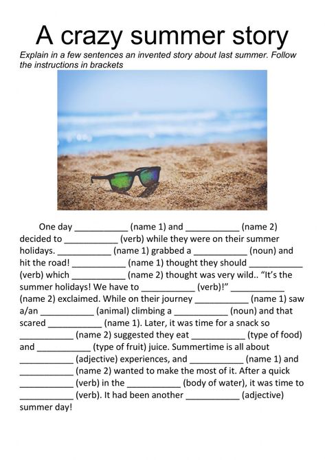 Vacation Writing Prompts, Beach Writing Prompts, Summer English Worksheet, A Day At The Beach Essay, My Summer Vacation Writing, Crazy Summer, Regular And Irregular Verbs, Simple Past Tense, Summer Story