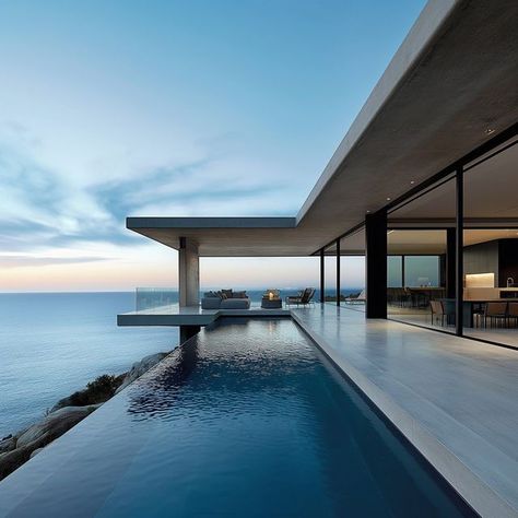 House Overlooking Ocean, Pool With Ocean View, Modern House With Pool, House By The Water, Contemporary Modern House, Ocean Pool, Australia House, Beach House Living Room, House Outer Design