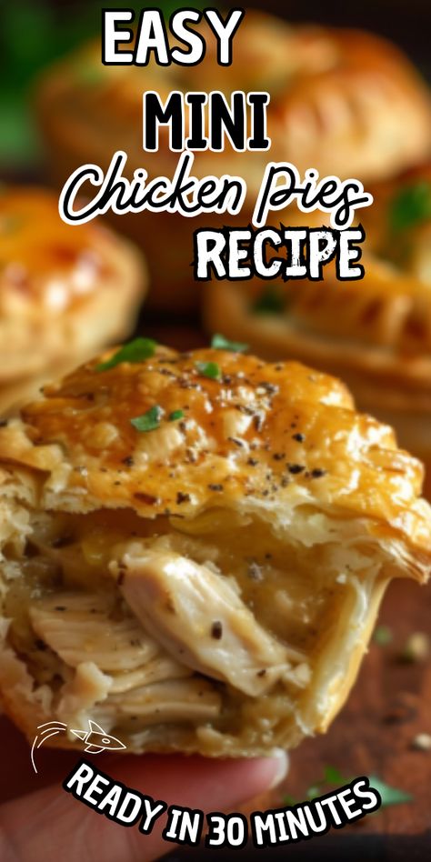 Easy Mini Chicken Pies Recipe Mini Chicken Pot Pies Healthy, Chicken Pies Recipes Easy, Homemade Chicken Potpies, Chicken Meat Pies Easy Recipes, Small Pot Pies, Easy Individual Chicken Pot Pie, Chicken Pot Hand Pies, Mini Baking Dish Recipes, Mini Pot Pies With Pie Crust