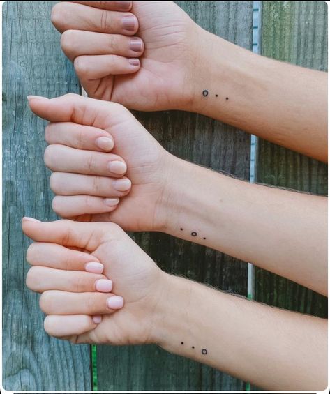 Sister Tattoos For Three Sisters, Matching 3 Friends Tattoos, Sisters Minimalist Tattoo, Dot Friendship Tattoos, Small Tattoos For 3 Sisters, Tattoo Idea For Three Friends, 3 Best Friends Tattoos Matching, Sister Tattoos For 3 Small Simple, Small Tattoos 3 Friends