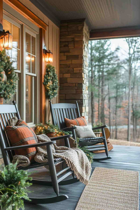 39 Winter Front Porch Decor Ideas: Inviting, Pretty Entrances Fall Winter Front Porch Decor, Fall Southern Porch, Front Porch Set Up, Log Home Porch Decor, Small Cabin Porch Ideas, Wraparound Porch Decor, Front Porch Loveseat Ideas, Cozy Farmhouse Porch, Front Porch Chairs Ideas Farmhouse