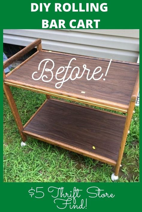 Rolling Bar Cart Diy, Unique Bar Cart, All Wood Furniture, Diy Furniture Makeover Ideas, Diy Bar Cart, Rolling Bar Cart, Thrift Store Decor, Garage Sale Finds, Upcycle Decor