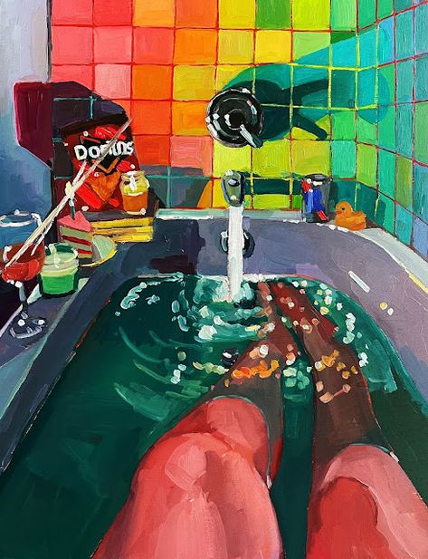 Self Care | ERIKA LEE SEARS Self Care Painting, Bathroom Painting Ideas Canvas, Art About Time, Shower Painting, Intermediate Painting, Bath Painting, Painting Motivation, Bathtub Painting, Drapery Drawing